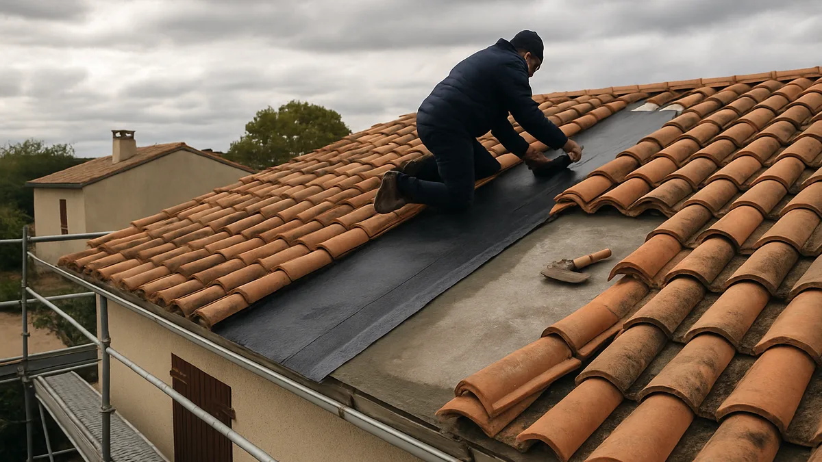 Toiture en cours de réparation pour étanchéité à Montpellier avant l'hiver